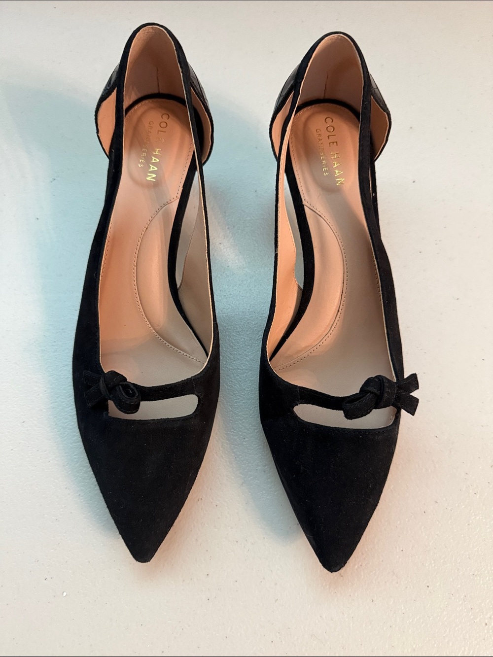 Cole Haan Black Suede Pointed Toe D'Orsay Kitten Heels with Bow Accent size 9